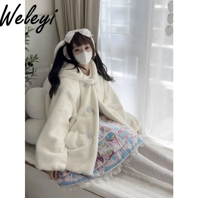 

Sweet Rabbit Ears Lolita Plush Coats Ropa Mujer 2024 Winter New College Style Cute Versatile Thickened Loose Cotton Padded Coat