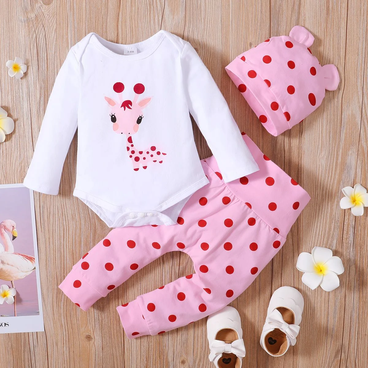 Winter  0-1  Years  Old  Deer   Polka  Dot   Print   Long  Sleeved  Casual  2-Piece  Set