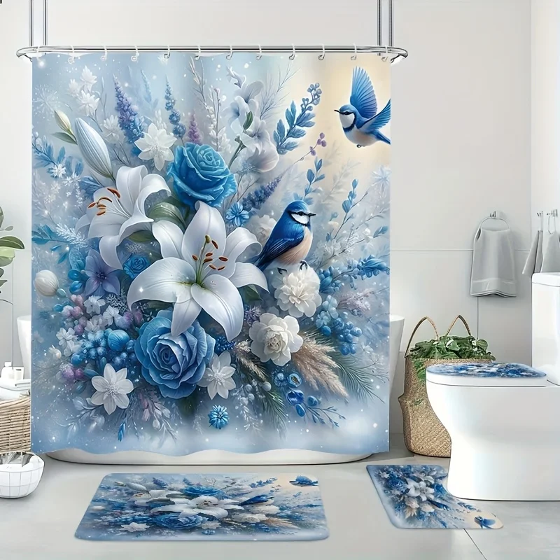 

4 Piece Spring Floral Shower Curtain Set - Elegant Flower Print Bathroom Decor - Washable Fabric Curtain - Rugs and Toilet Cover