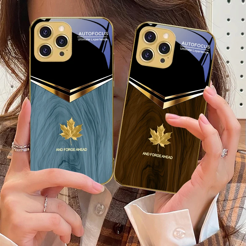 Feuille d'érable dorée mignonne pour IPhone 16 16Pro Max 15 P ro 14 13 Plus 12 Mini 11Pro Max XS Max XR coque de téléphone en verre trempé doré