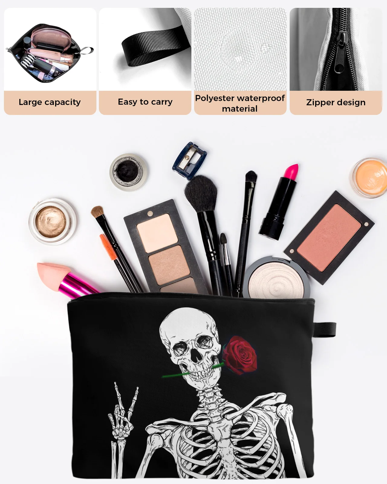 Skull Red Rose Flower Courtship Black Makeup Bag Pouch Travel Essentials Women Cosmetic Bags Organizer Storage Pencil Case