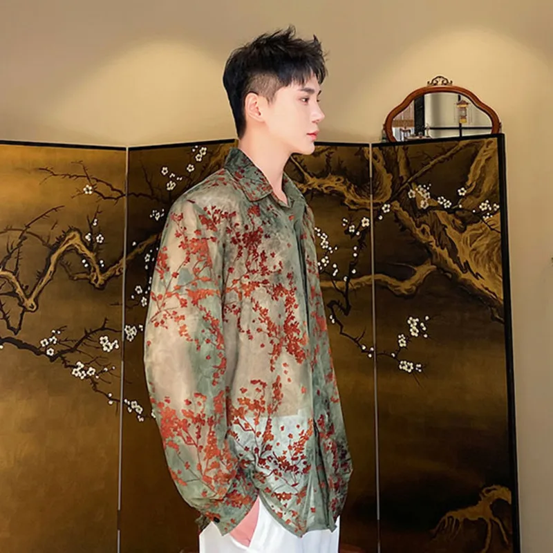 HKSH Spring Summer New China-chic Flocked Floral Mesh Lapel Long Sleeve Shirts Men's Tide Women's Shirt Casual Sunproof HK1095