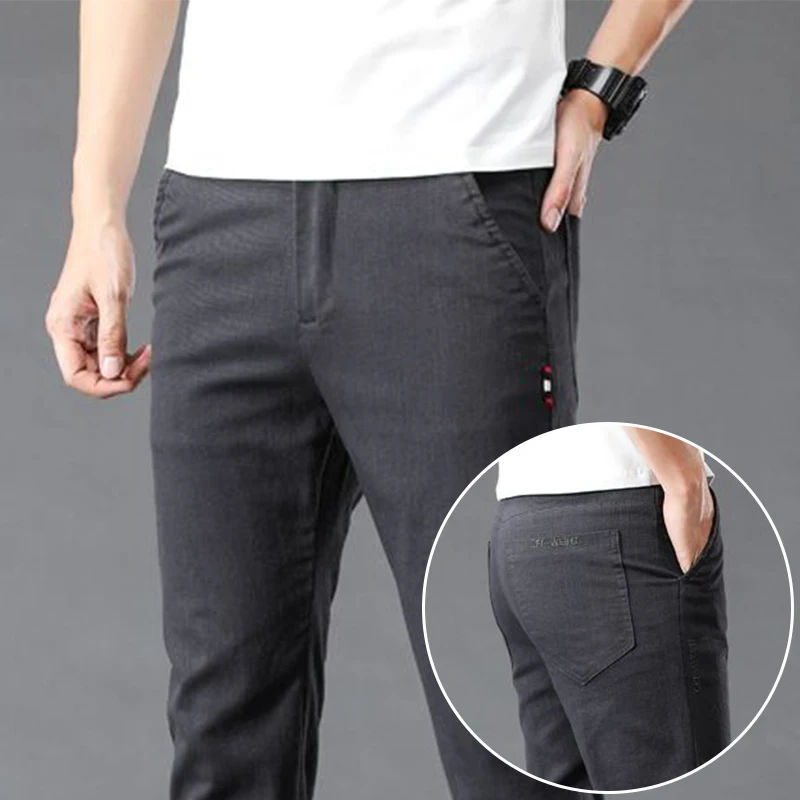 

Fashion Men Slim Fit Elasticity Casual Suit Pants Male Dark Grey Ice Silk Blazer Pants Breathable Straight Dark Grey Trousers