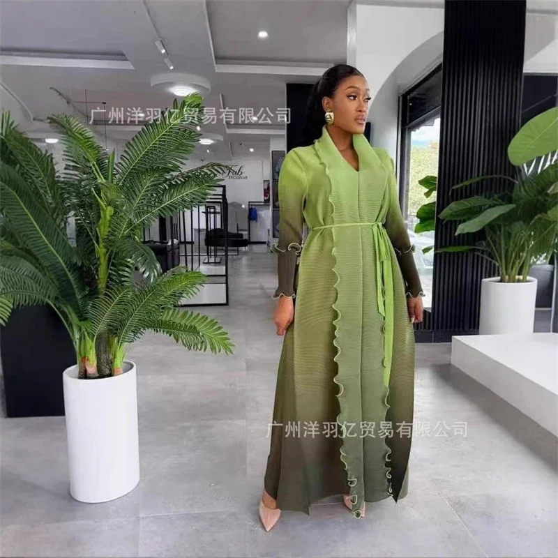

Luxury Pleated Dress For Women Gradient Ruffles Long Sleeve With Belt Ladies Dresses For Formal Occasions 2026 New