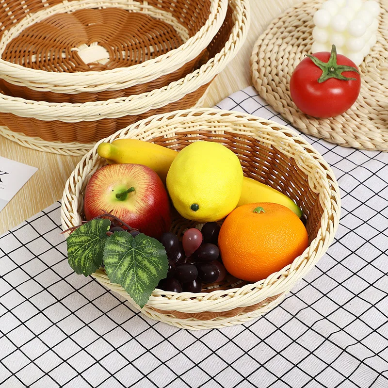 

Imitation rattan woven fruit basket, candy tray, snack and vegetable hand woven plastic imitation rattan storage basket