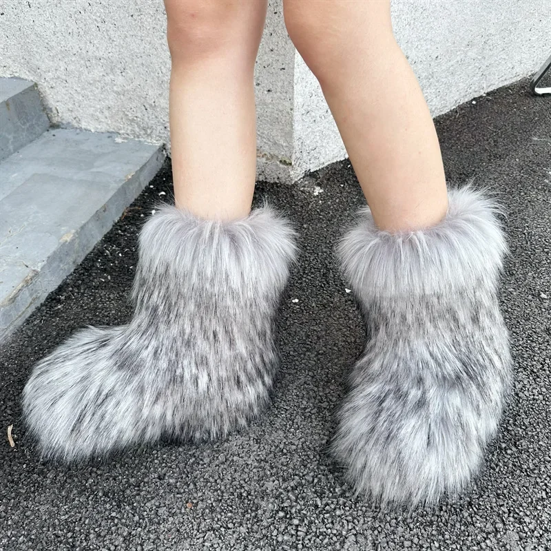 Faux Raccoon Fur Boots Women Y2K Fluffy Mid-calf Boots Winter Ladies Fashion Fox Fur Snow Boots Warm 3CM Platform Cotton Shoes