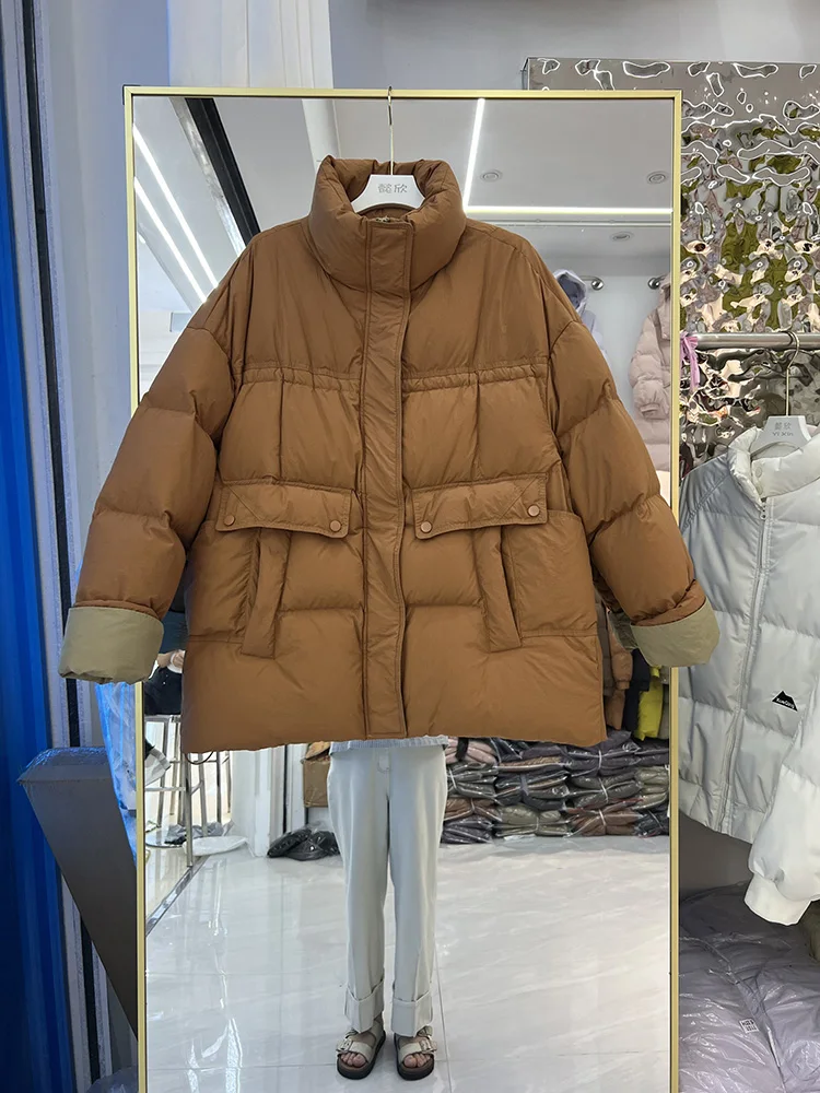New down jacket women Korean version stand up collar thickened mid length warm loose color blocked white duck down coat