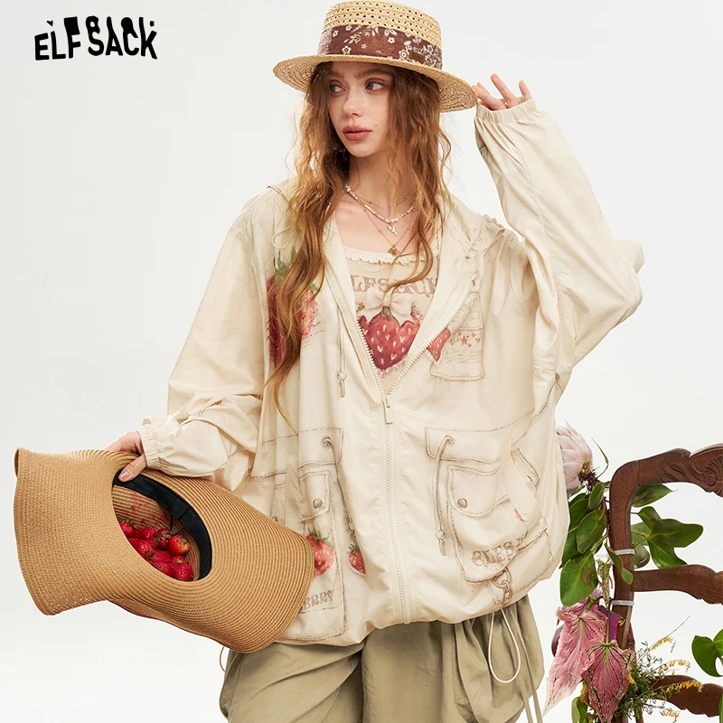 

ELFSACK Graffiti Strawberry Print Gothic Hooded Jacket, Adjustable Waist Custom Zipper Coat, Sweet Cool Street Casual Outerwear