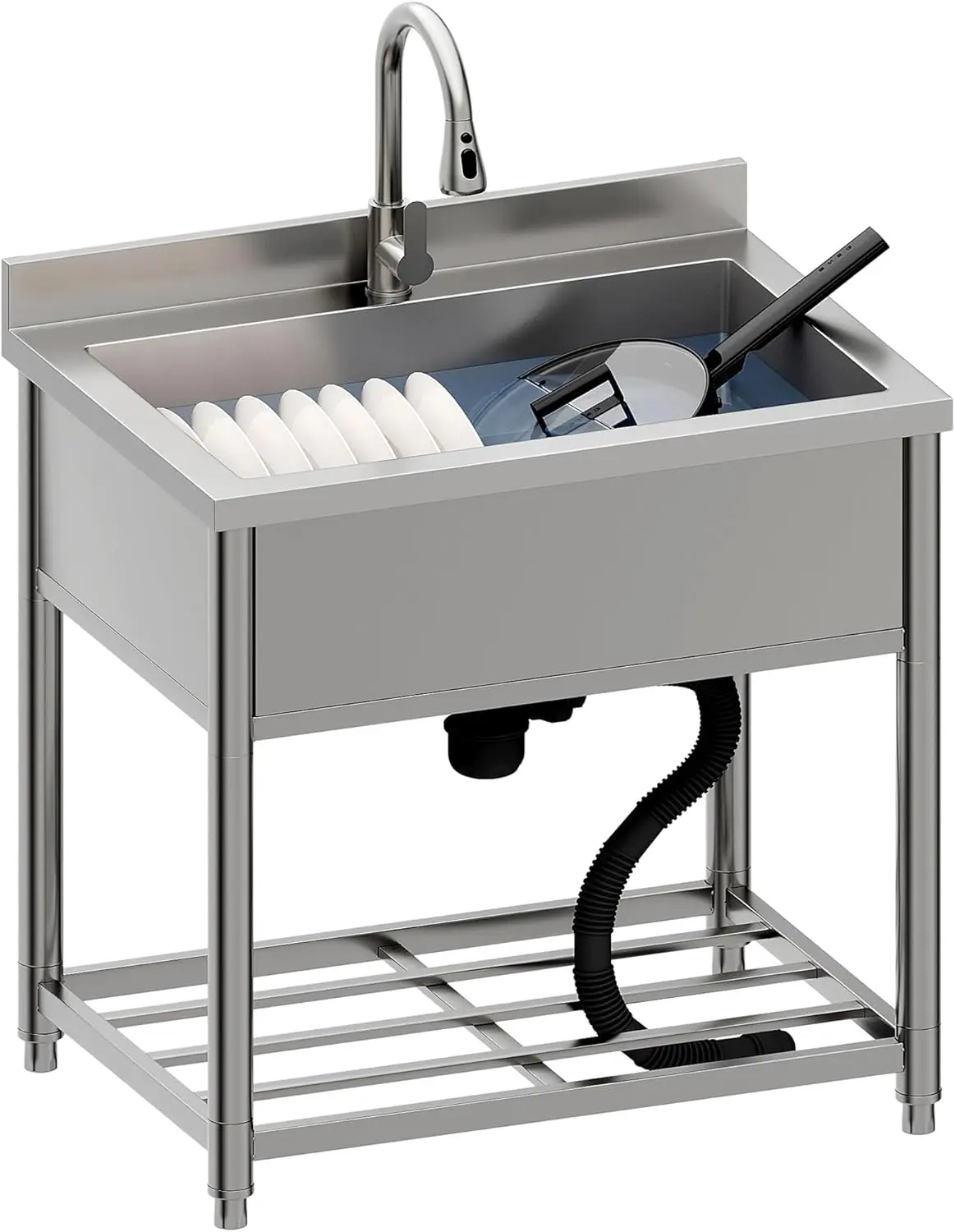 

Stainless Steel Utility Sink, Large Freestanding Kitchen Sink with Pull-out Faucet for Commercial Restaurant, Bathroom, Laundry