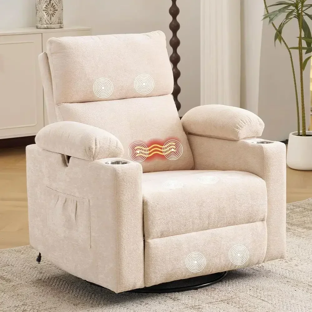 

Beige Adjustable Armrest Nursery Rocking Chair, Electric Glider Recliner for Nursing, Swivel Recliner with Massage & Heat Functi