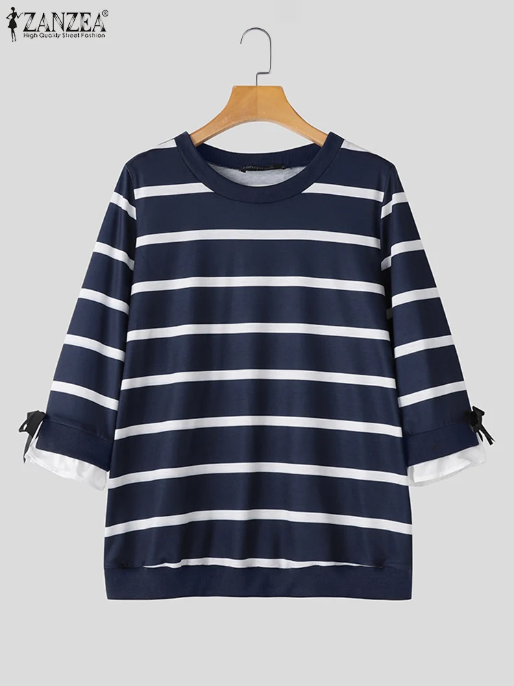 ZANZEA Elegant Women Stripes Blouse Vintage Chic 3/4 Sleeve Tops Tunic 2024 Autumn Harajuku Loose Shirt Casual Round Neck Blusas