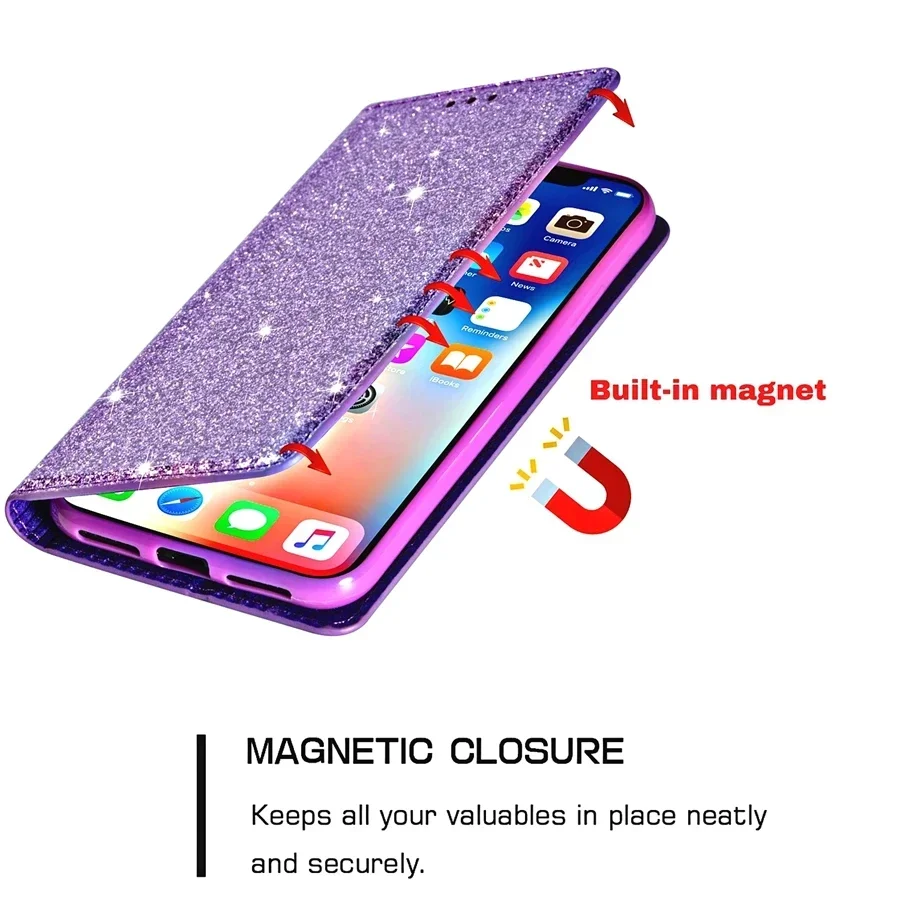 Wallet Glitter Magnetic Flip Leather Case For Samsung S24 FE S23 Ultra S22 Plus S21 S20 FE A06 A13 A15 A16 A35 A36 A53 A54 A55