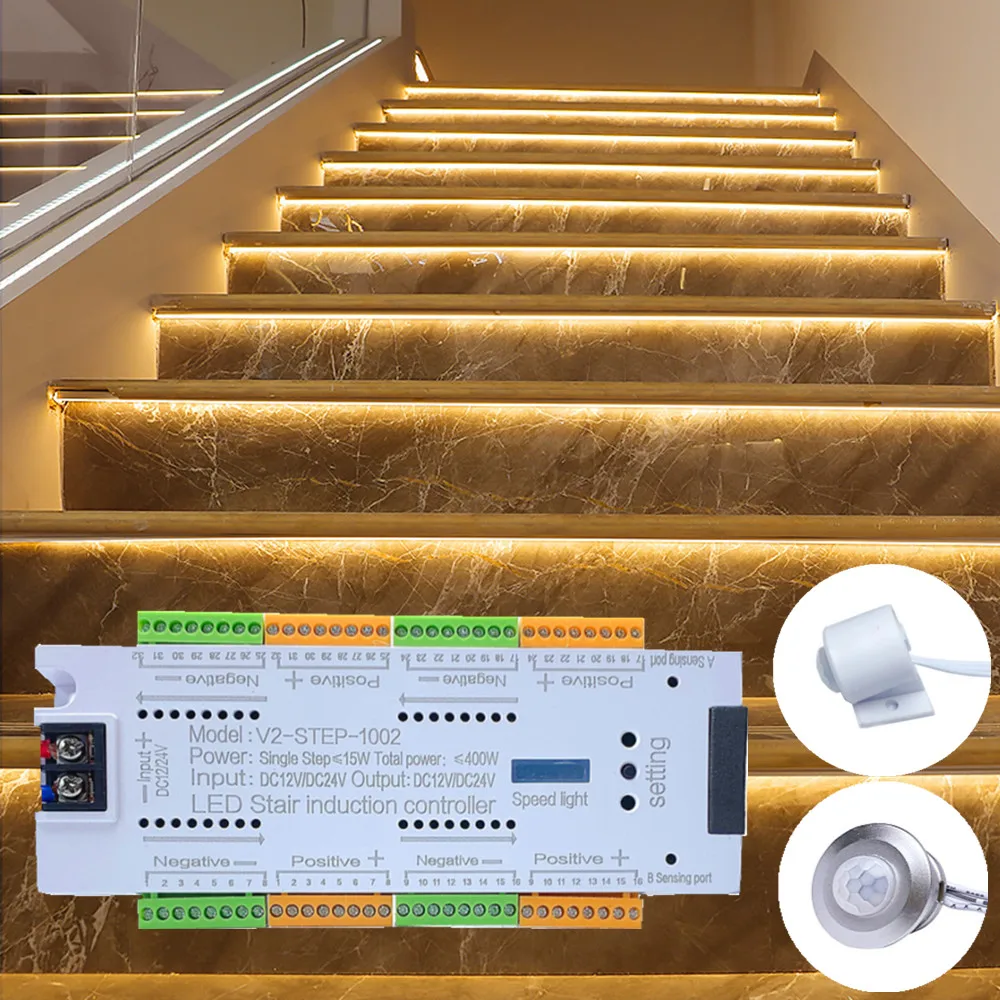 PIR Stairs Controller LED Motion Sensor DC 12V 24V 32 Channels Indoor Night Light Dimmer For Flexible Strip Staircase Step LED