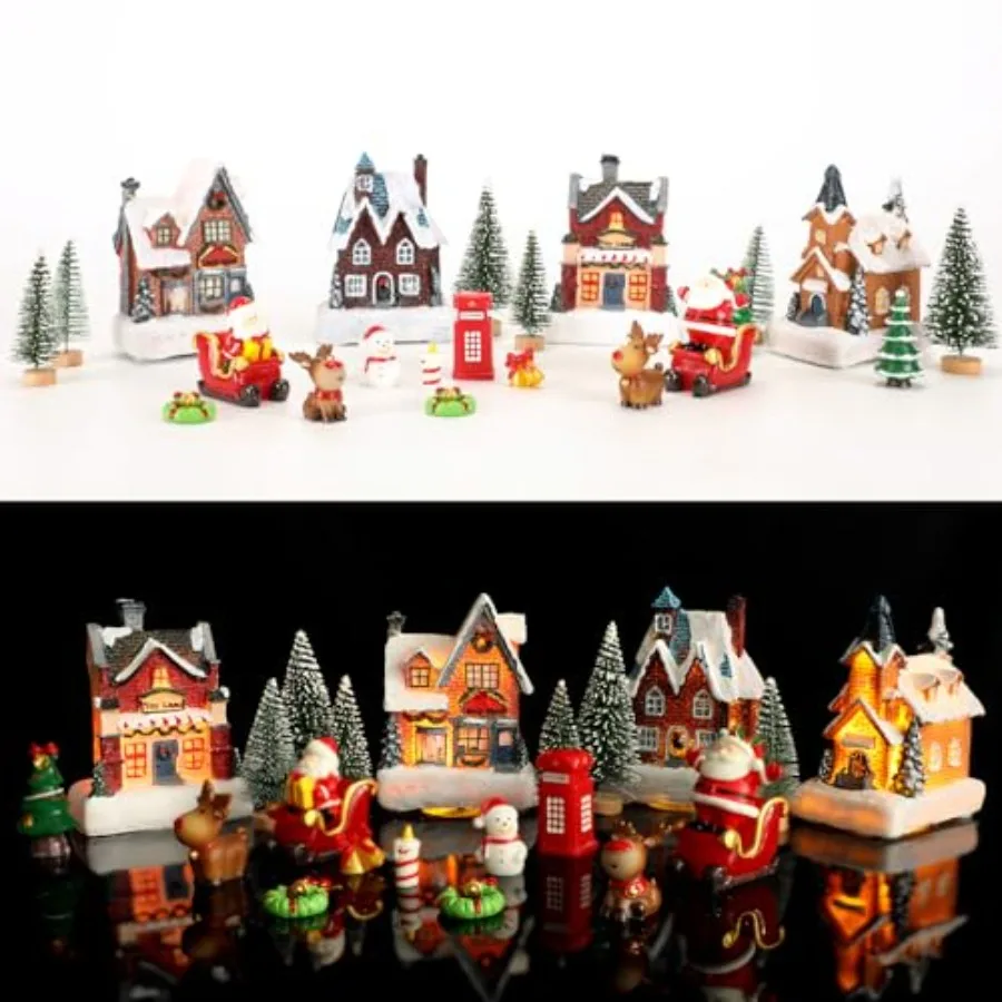 

24Pcs Christmas Village Sets, Christmas Village Houses with LED Light, Christmas Town Scene Figurines Building Sets, Christmas