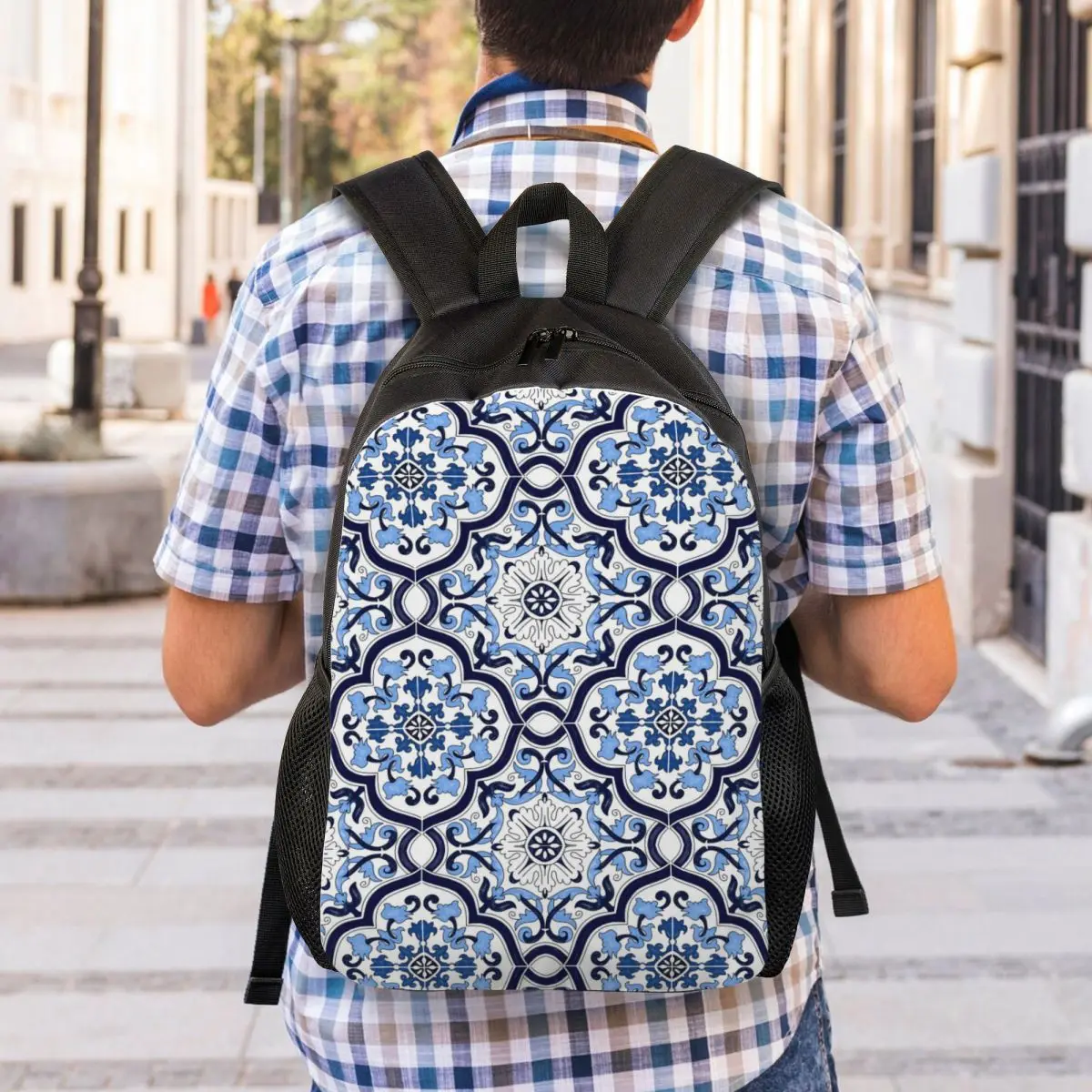 Mochila azul adornada floral mediterránea con azulejos sicilianos, mochila escolar, mochila de viaje para senderismo, mochila para niños y niñas, bolsos de hombro