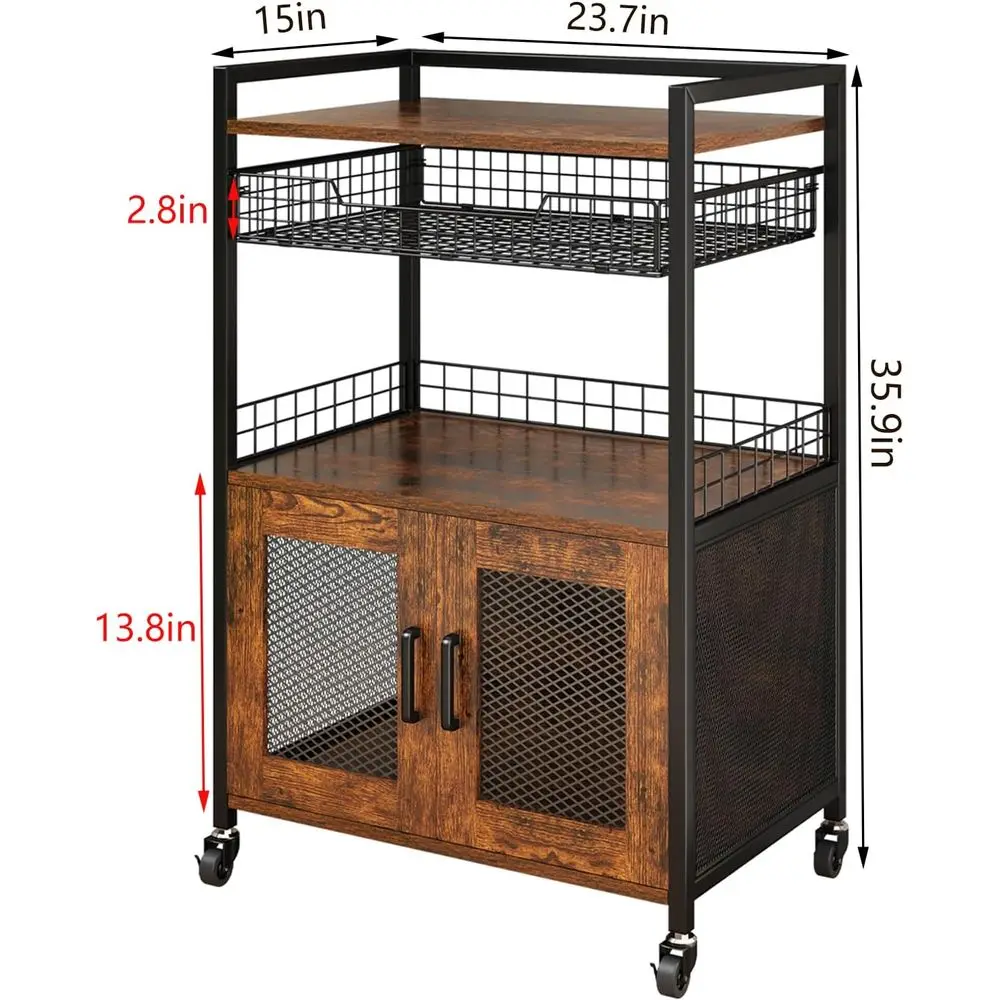 طاولة بار قهوة دوارة من 3 طبقات باللون البني الريفي مع سلة سلكية و5 خطافات للمطبخ المنزلي والبوفيه