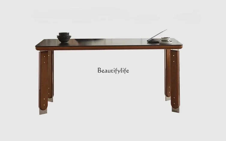 

LJY*Retro pure black rock slab dining table simple modern rectangular solid wood cherry wood stainless steel legs