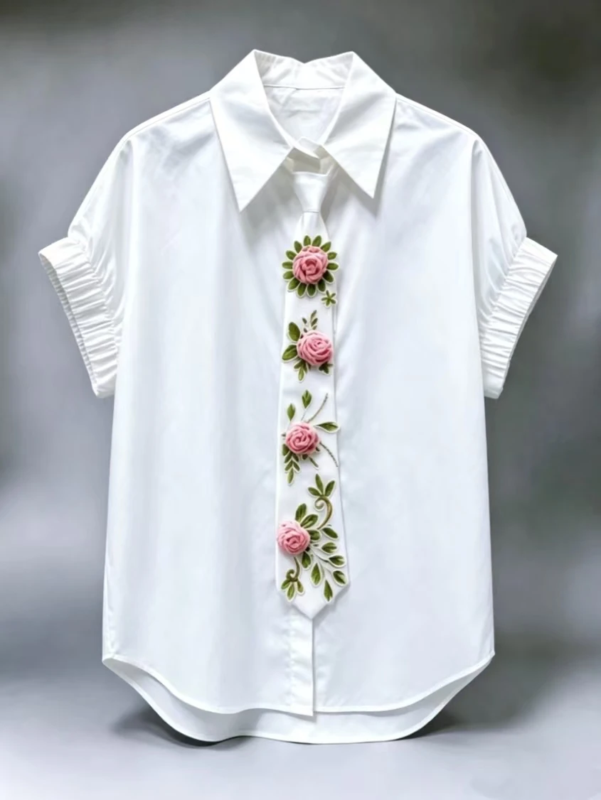 Sweet Chic Cotton Short Sleeve Shirts Blouses with Flowers Tie Womens Girls Trend Fashion Casual Shirt Top Woman Clothes