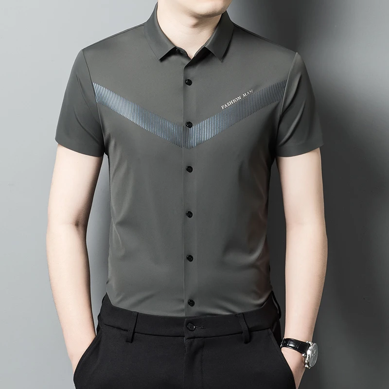 

Fashion Man Clothes Dress Shirt Short Sleeve Silky Smooth Boutique Summer Quality Seamless Skin-Friendly Easy Care Chemise Homme