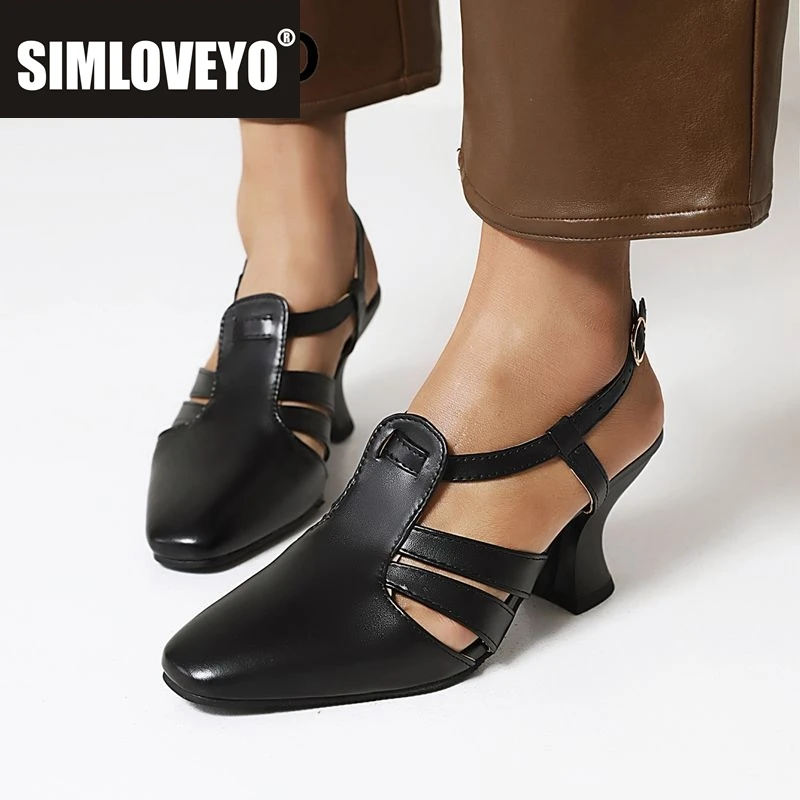 

SIMLOVEYO 2025 Модные повседневные сандалии для женщин с квадратным носком на высоком каблуке 7 см, с пряжкой и ремешком, большие размеры 41 42 43 Винтажная женская обувь