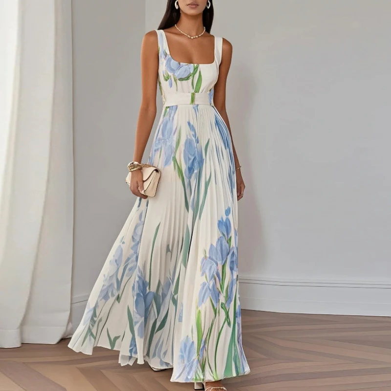 夏の花柄プリントワンピース レディース エレガント ノースリーブ セクシー ハイウエスト スリング ロングワンピース オフショルダー ビーチ ホリデーワンピース