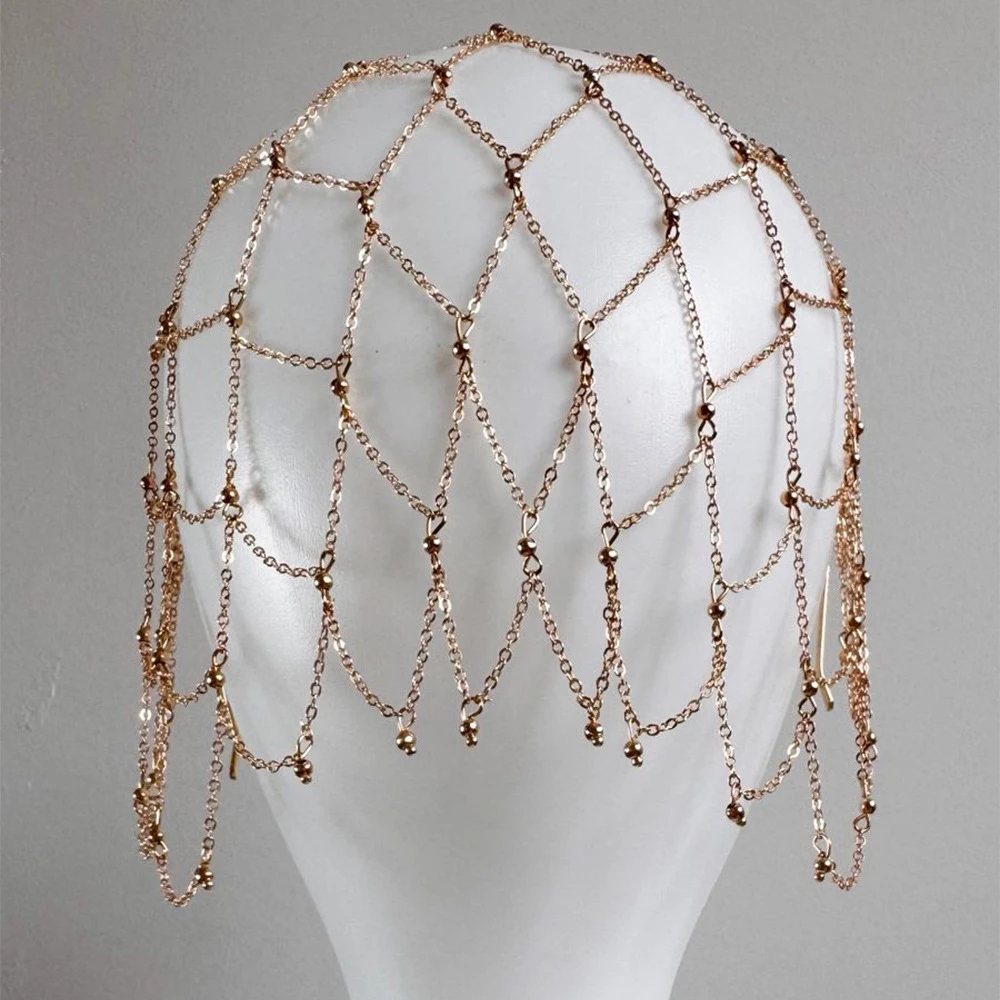 اليدوية الجوف شبكة خوذة قبعة الرقص الشرقي إكسسوارات الشعر تصميم الأزياء شرابة معدنية رئيس سلسلة قبعة مجوهرات الزفاف هدية #2