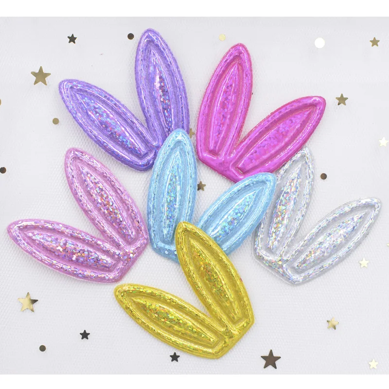 12Pcs Glitter Lase PU Fabric Rabbits Ears Applique Padded Patches for Hair Hoop, Clips, Band, Headdress, Hairdress, Ornament