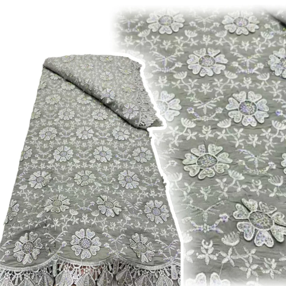 

2025 High Quality African Guipure Cord Lace Fabric Nigerian Sequins Water Soluble Lace for Sewing Women Dresses SZ1157