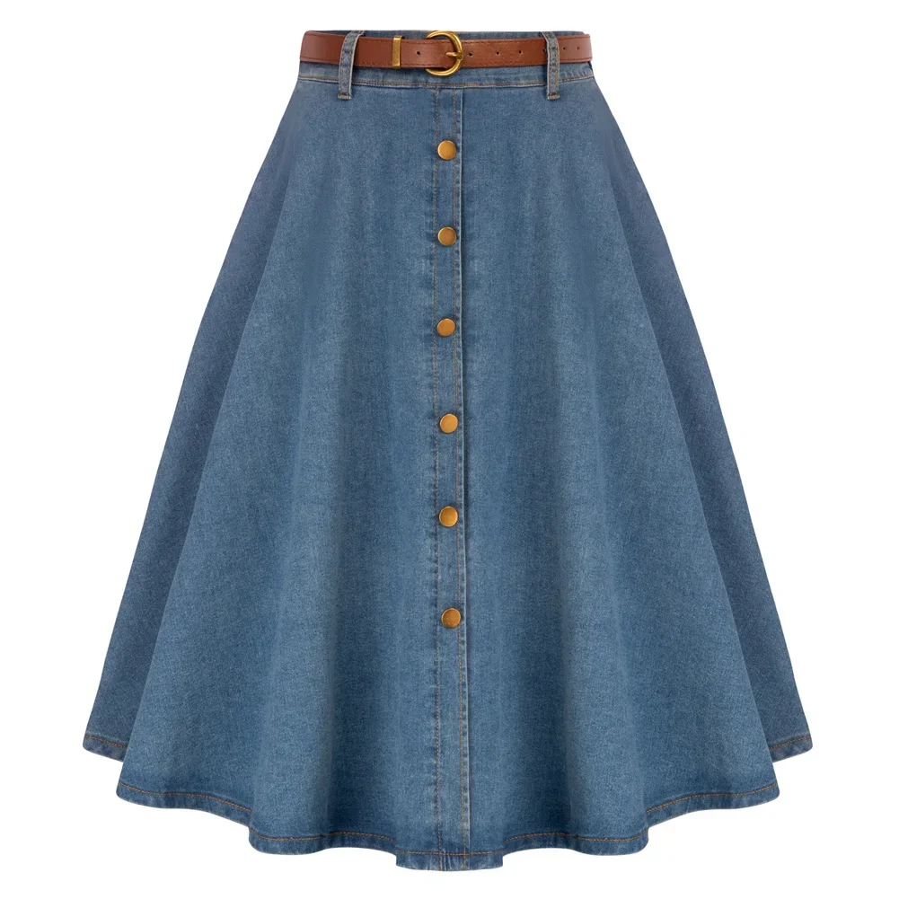 

BP Women's Skirt Vintage Jean Midi Skirt With Belt Elastic High Waist A-Line Buttons Decorated Causal Elegant Woman Clothing