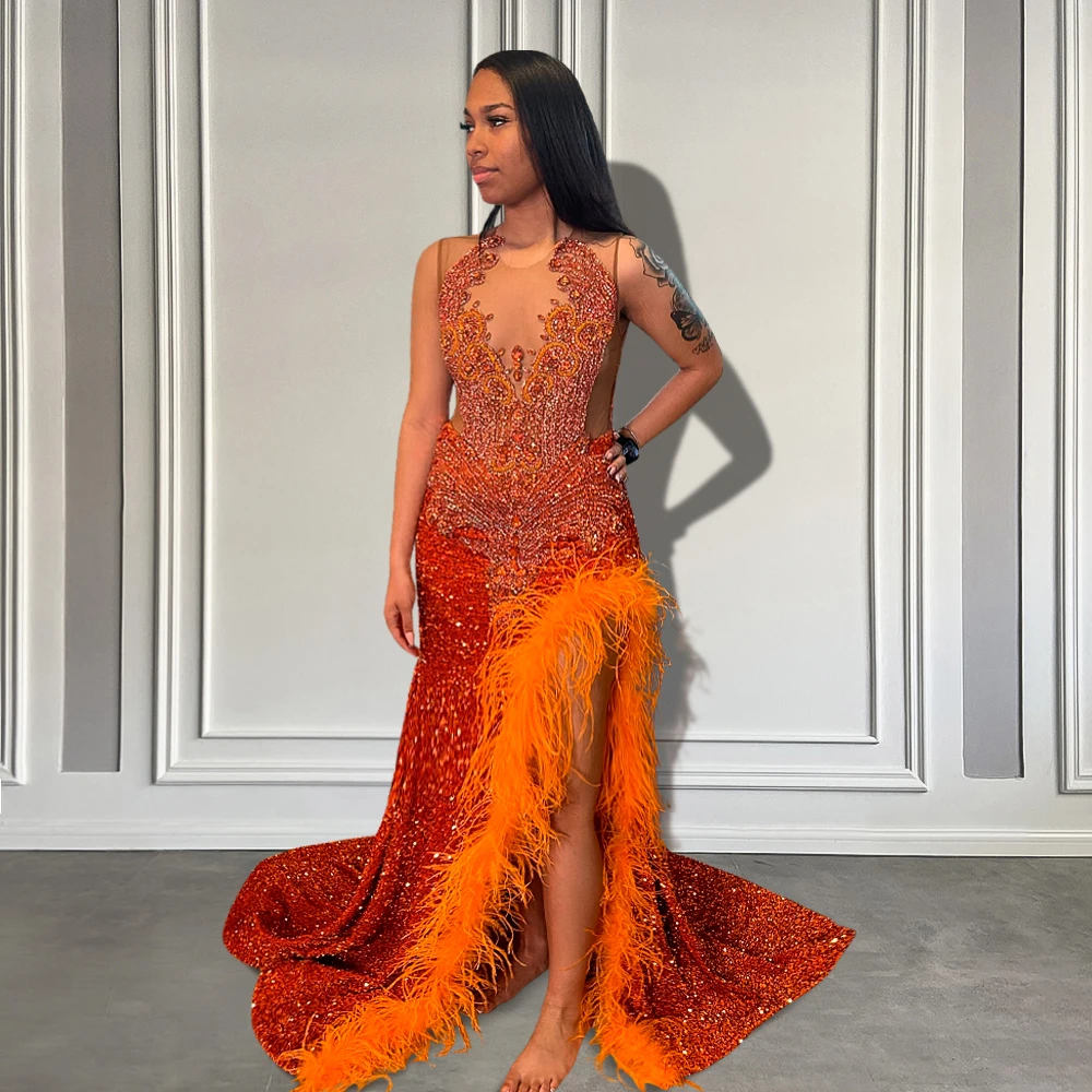 

Long Orange Sequin Prom Dresses 2025 for Black Girls Luxury Crystal Diamond Feather Prom Gala Formal Gowns with Slit Customized