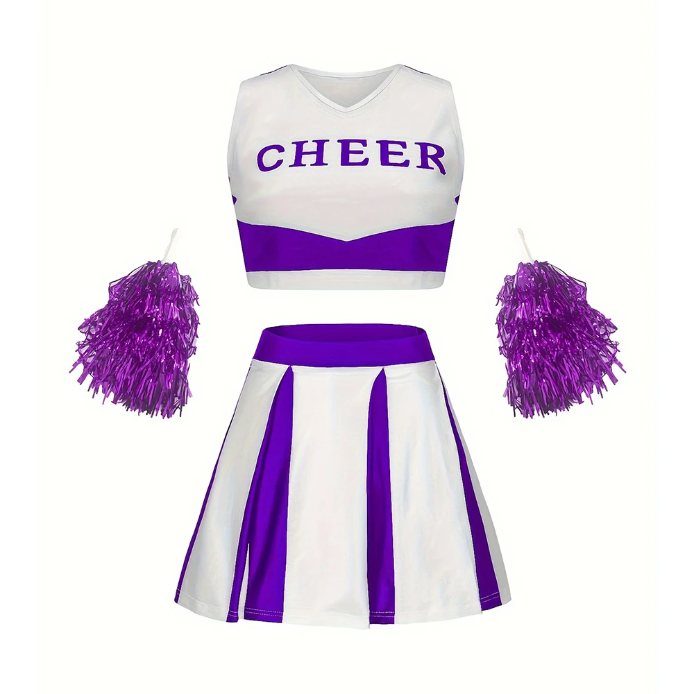 Kids Girls Cheerleading Dance Costume Sleeveless V Neckline Letters Printed Flower Balls Uniform Stand Collar Cheerleader Outfit