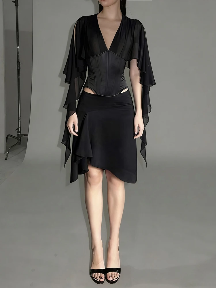 

Nibber Fashion 2-Piece Set Women Patchwork v-Neck Bandage Tassel Batwing Sleeve Crop Top+Folds Irregular Hem Skirt Sexy Suit