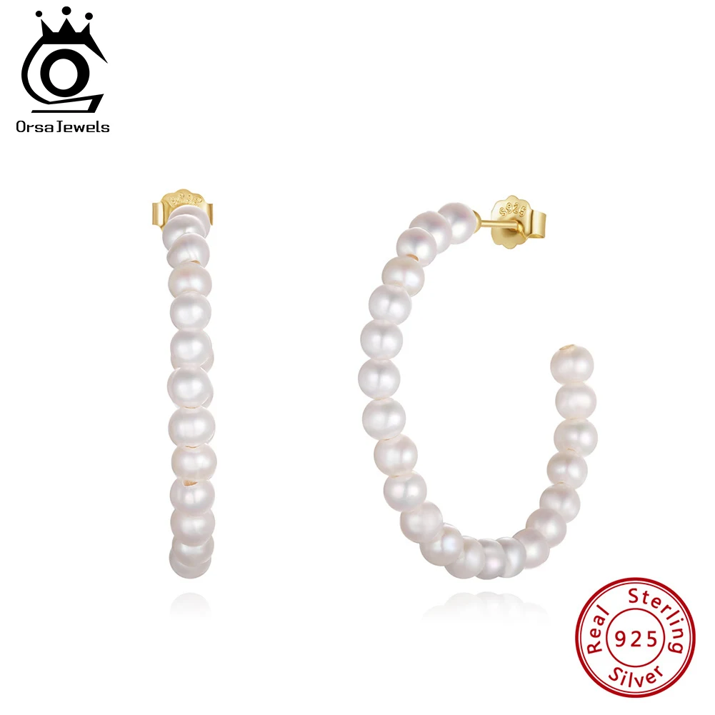 

ORSA JEWELS Natural Pearl Hoop Earrings Gold Plated Large Circle Round Pearl Beads Earrings Jewelry Birthday Gift Women GPE69