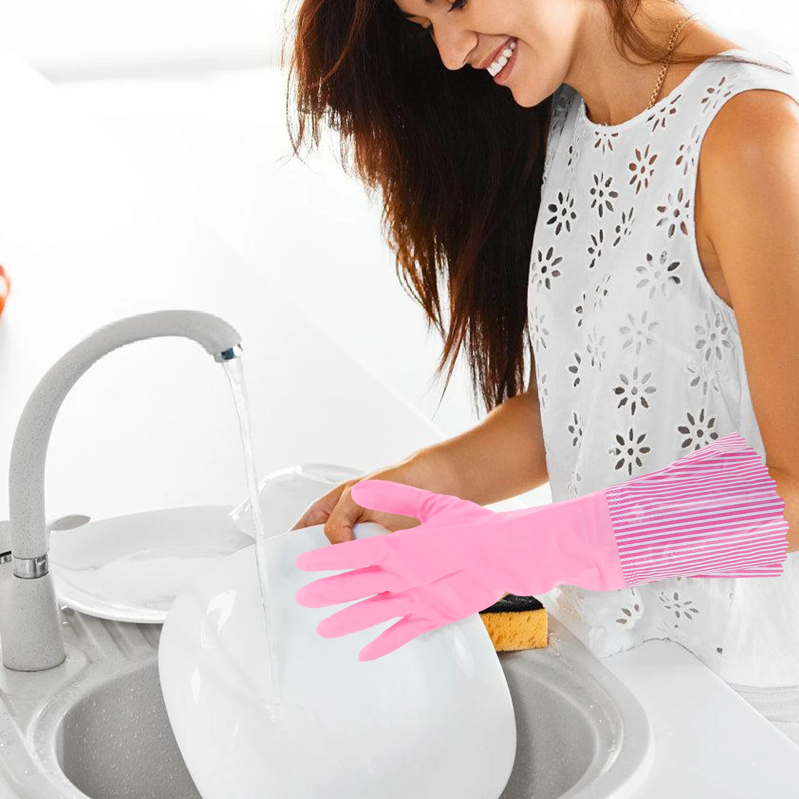 

3 Pairs Thickened Waterproof Gloves Kitchen Cleaning Long Cuff Lined Oil Resistant Dishwasher Gloves Latex Rubber R om