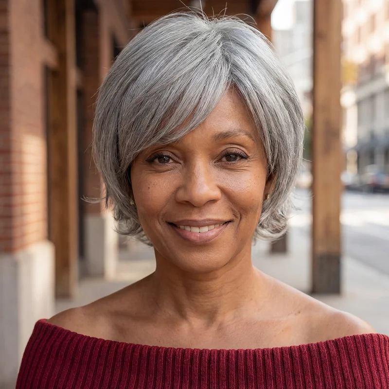 Soulladywigs Salt n Pepper Short Pixie Cut Glueless Real Human Hair Wear & Go Gray Wigs With Retro Flip Ends