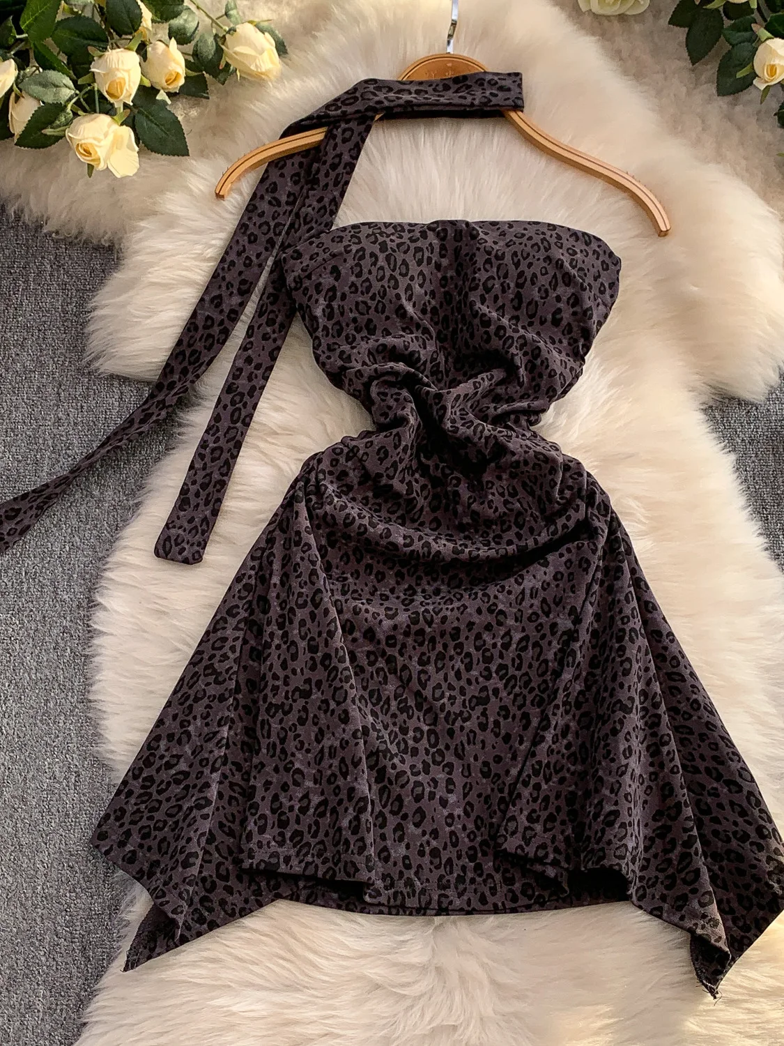 

Sexy Leopard Print One-oulder Strap Bustier Dr Women Summer Draped Waist Slimming Asymmetrical Skirt High Waist A-Line D...