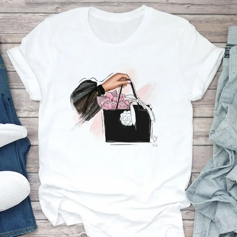 Women's T Shirt Summer Fashion Top Girl Bag Printed Ladies T-shirt Casual Short Sleeve Tee Female Clothing White T-shirt