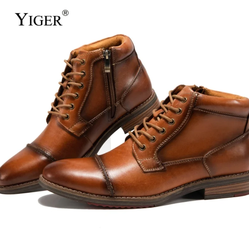 YIGER New Men Ankle Boots Genuine Leather Man Business Boots Male Lace-up Winter Casual shoes Big size High-top men\'s shoes 2024