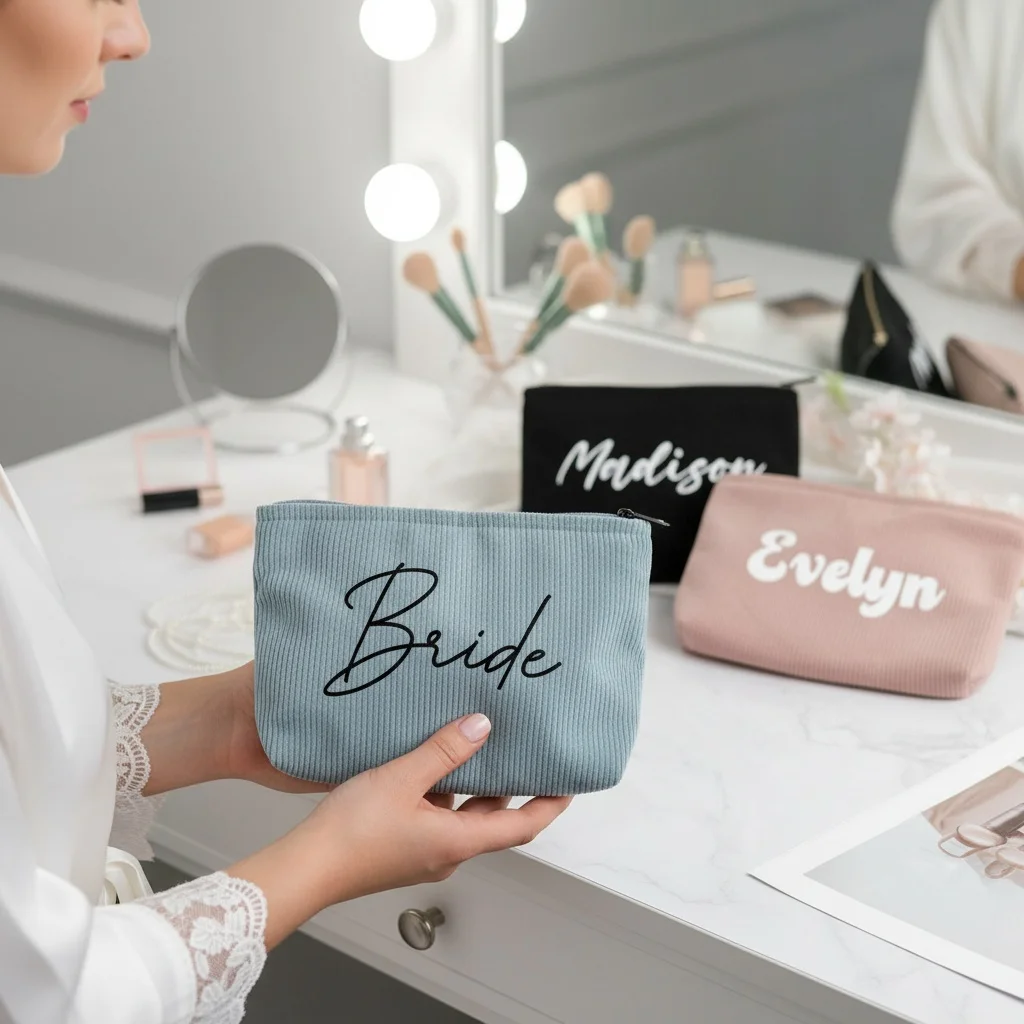 

Personalized Corduroy Makeup Bag,Custom Bridesmaid Cosmetic Bag,Monogramed Toiletry Bag,Christmas Gift