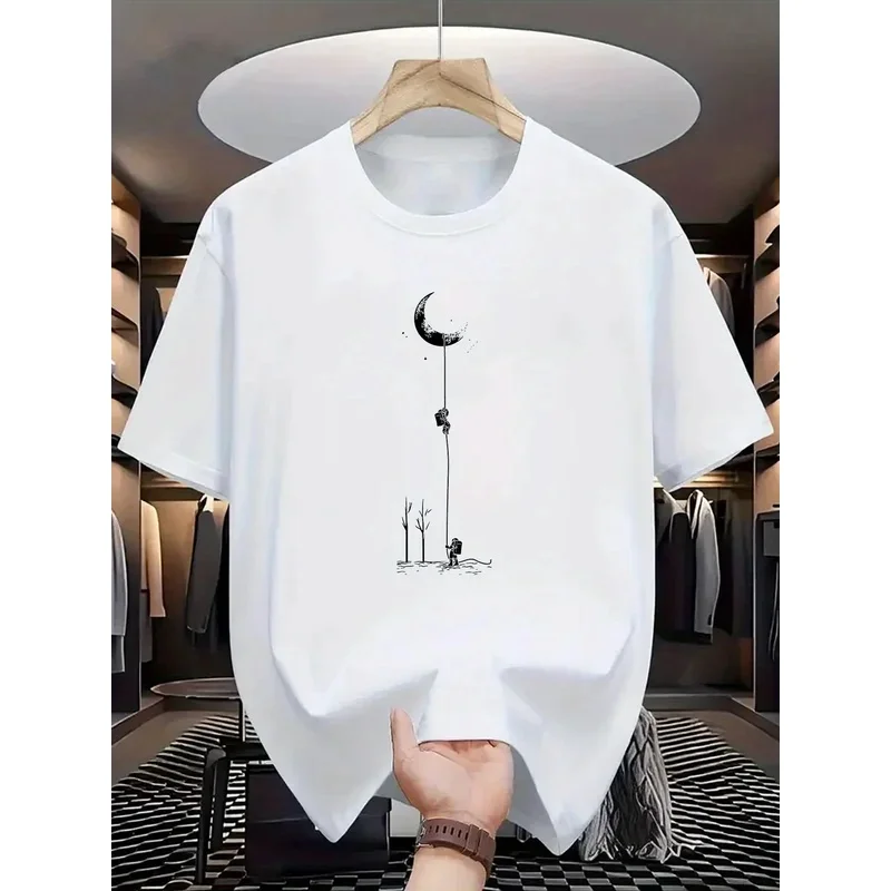 Mens Short Sleeve T Shirt Top Summer 100 Pure Cotton Casual Loose Fit Plus Size Moon Landing Pattern Printed Round Neck