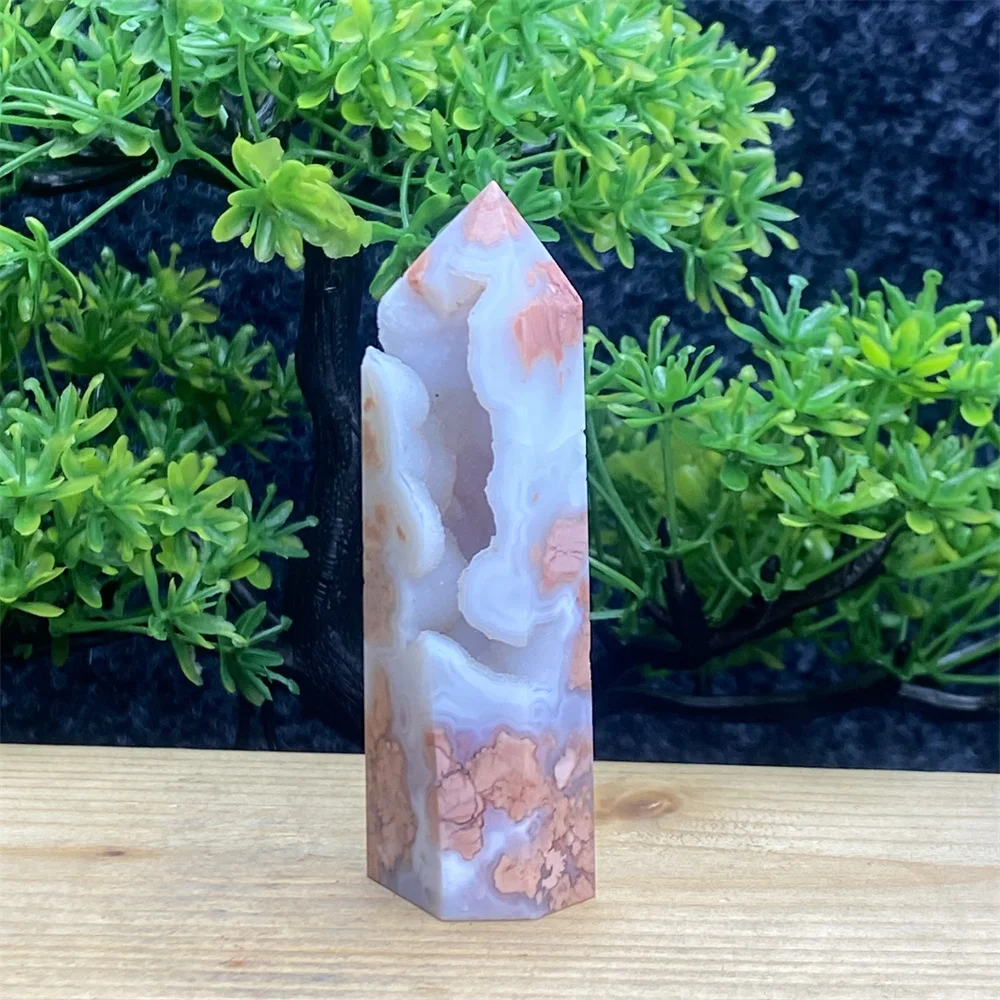 Natural Gemstone Pink Agate Geode Hexagonal Crystal Tower Obelisk Reiki Healing Stone Magic Wand Home
