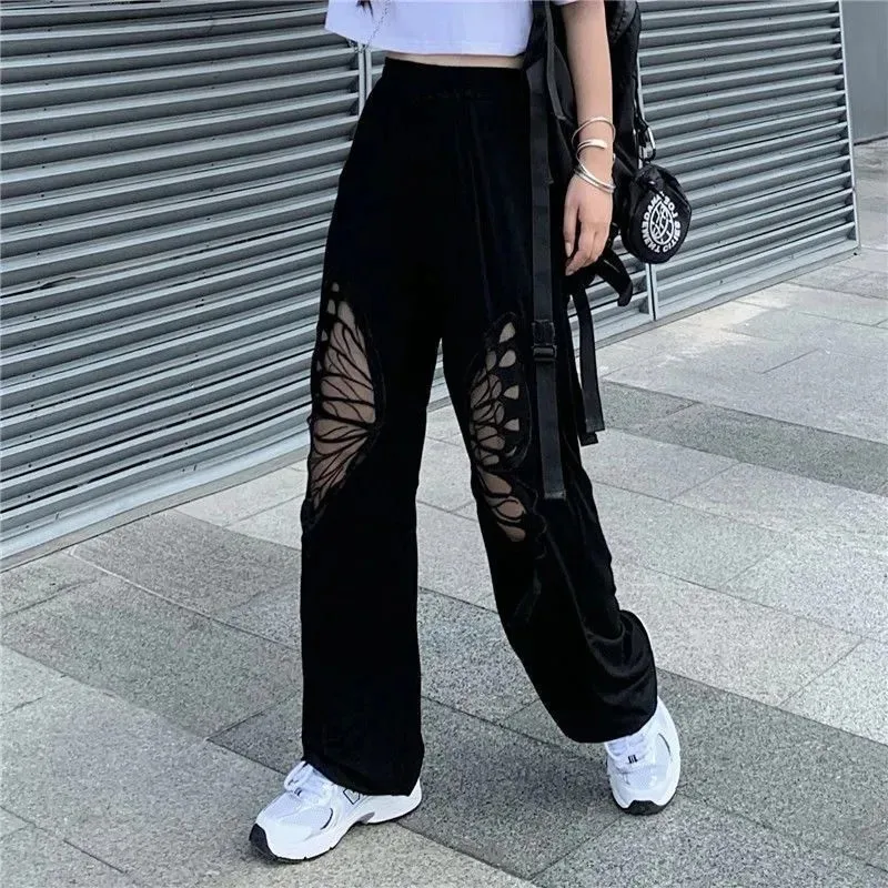 

Black High Waist Wide-Leg Pants Spring Summer New Loose Hollow Butterfly Trousers Lace Stitching Sports Elastic Waist Pants