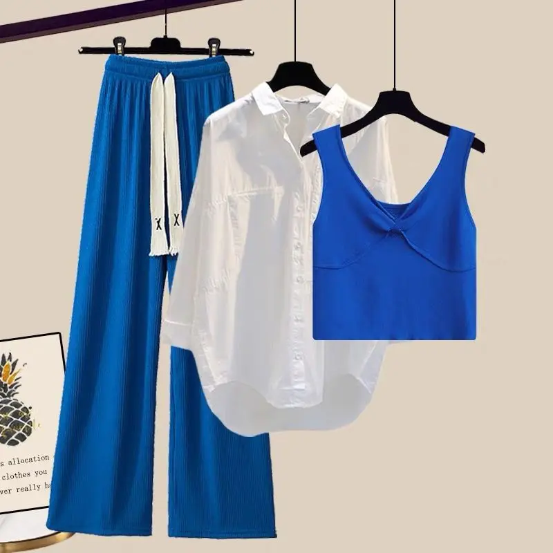 Ensemble Trois Pièces Chemise Blanche et Pantalon à Jambes Larges pour Femme, Survêtement Élégant et Décontracté, Nouvelle Collection Printemps et