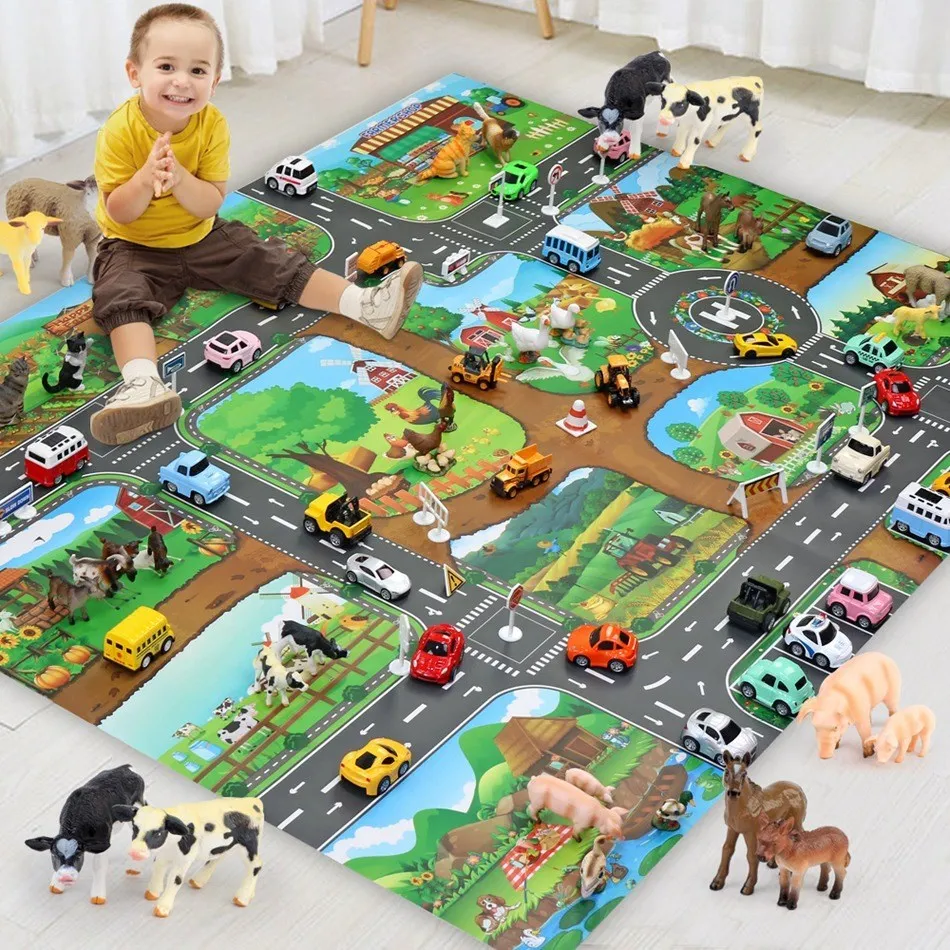 Children Happy Farm Map Toy Car Boys and Girls Educational Toys Baby Mats Cartoon Farm Zoo Carpet Children\'s Toys Play