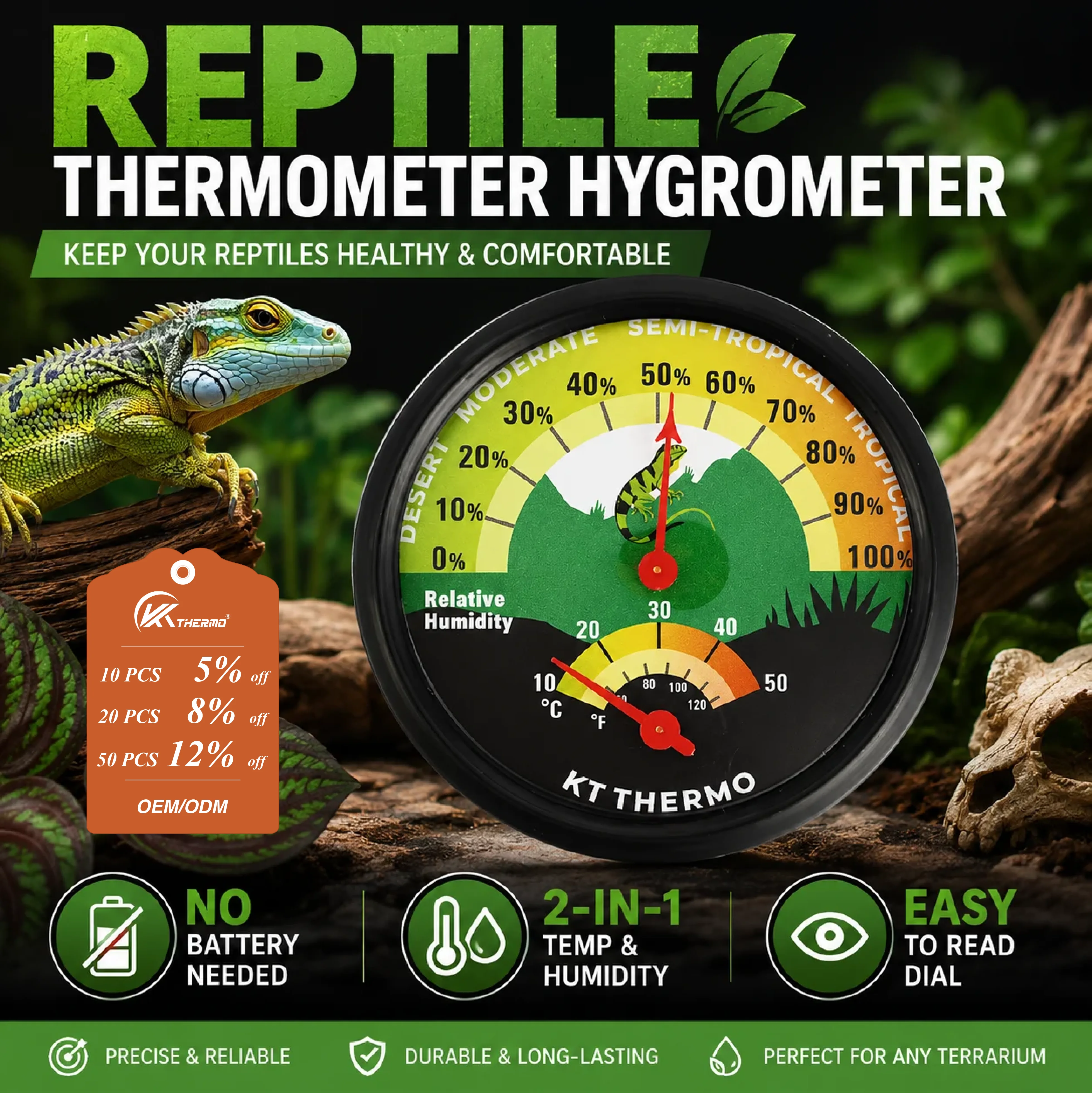Reptilien-Thermometer Hygrometer Analoges Mechanisches Temperatur- und Feuchtigkeitsmessgerät für Terrarium Eidechsen Schlangen Schildkröten Vivarium
