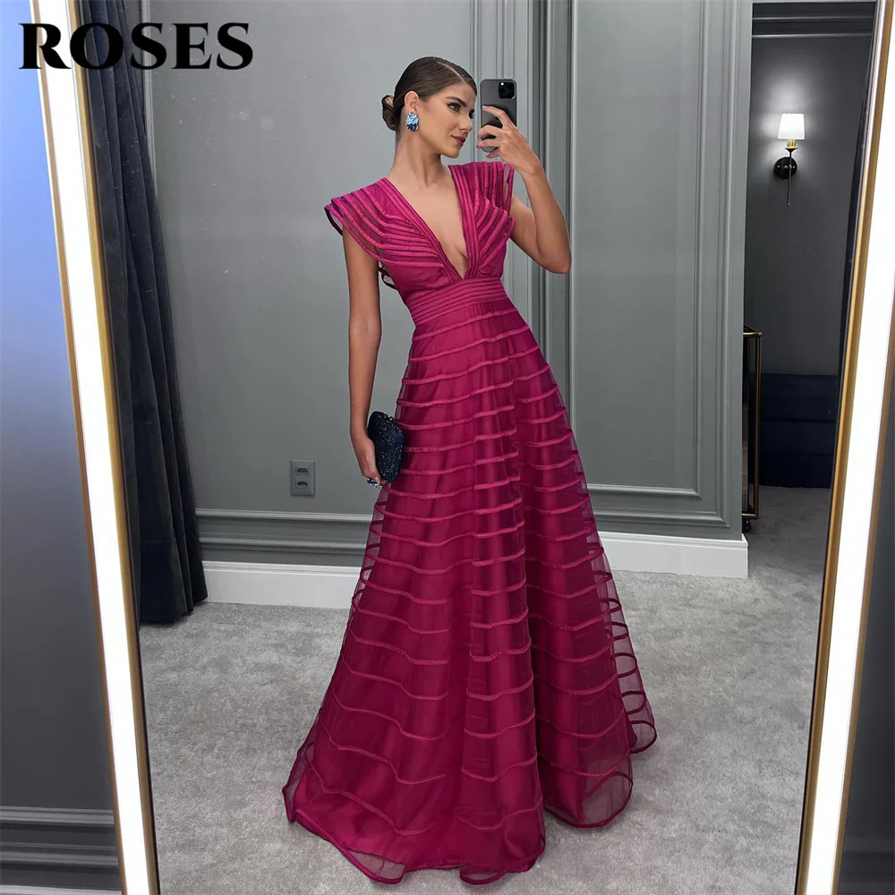 ROSES A Line Fuchsia Formal Dresses Pleat Night Dresses Women's Evening Dresses Deep V Neck Wedding Party Dress robe de bal