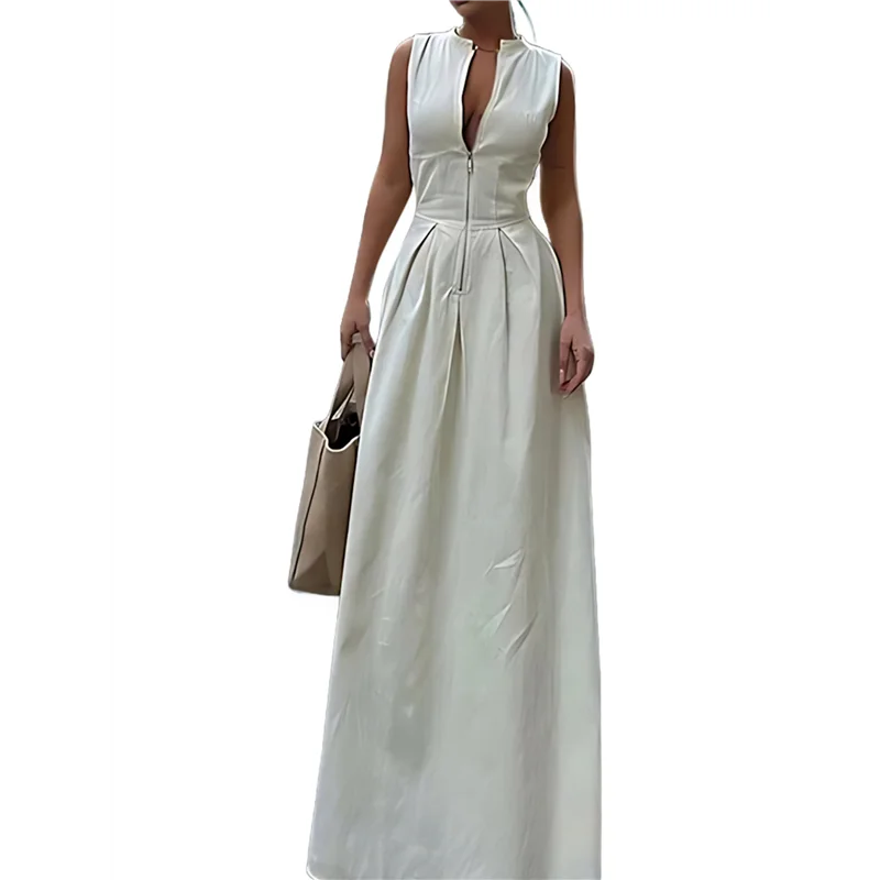 CYL-Vestido midi informal de verano dividido con cintura elástica y cremallera con cuello en V profundo para mujer con bolsillos