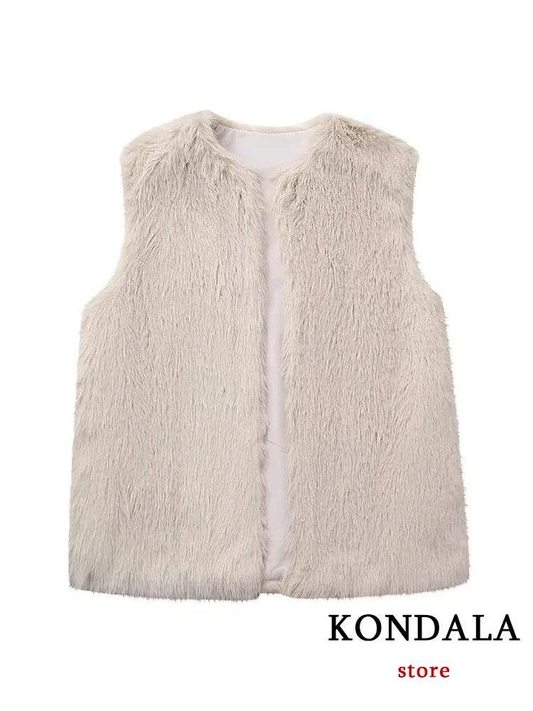 KONDALA Vintage Casual Chic Women Vest White Solid O-Neck Sleeveless Loose WaistCoats Fashion 2023 Autumn Winter Faux Fur Coats