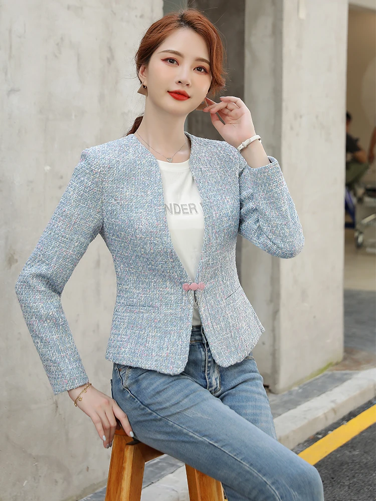 Chaqueta elegante a cuadros para mujer, abrigo informal ajustado de manga larga con cuello en v, color rosa y azul, primavera y otoño