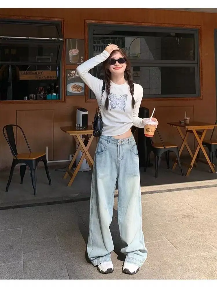 STSVZORR Y2K grey long-sleeved t-shirt 2023 Women Autumn New Slim Butterfly Print Short Tops